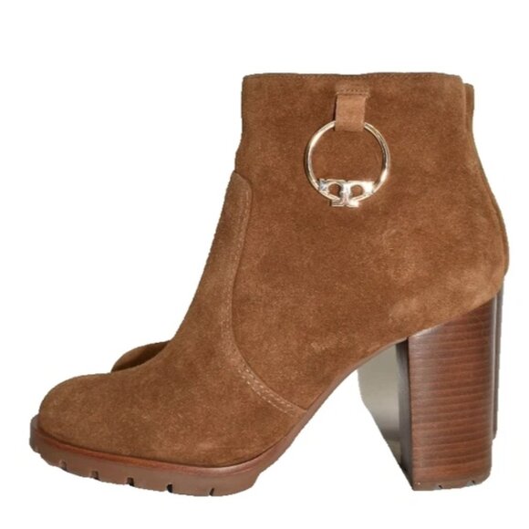 $500 TORY BURCH Sofia Lug Sole Suede Mid-heel Booties LOGO Brown 10.5 (MG24) - Picture 2 of 7